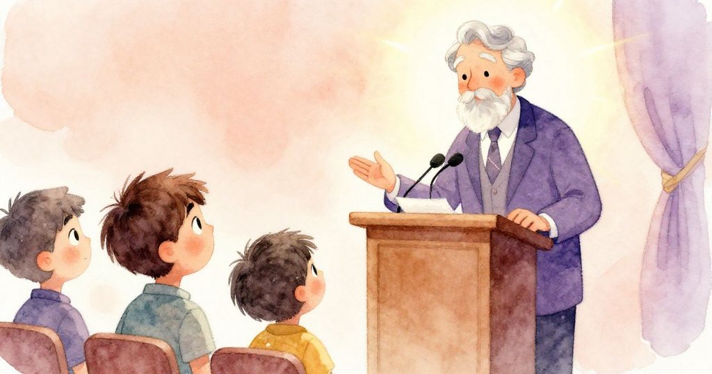 在溫暖光線中，導師於講台上慷慨演講，Alex聚精會神傾聽，氣氛莊重而富有啟發性。