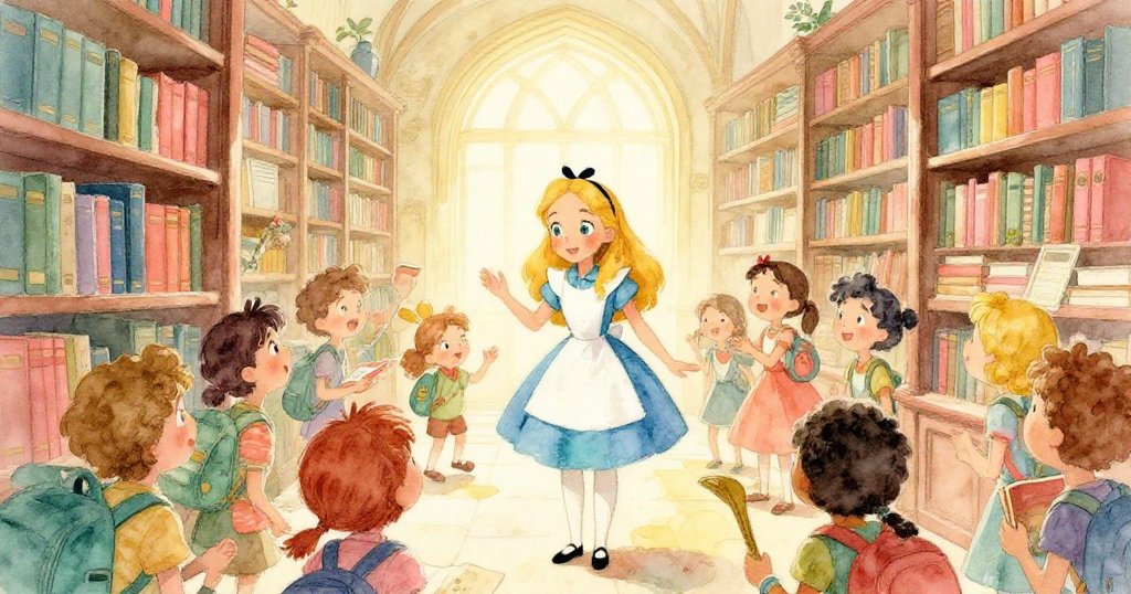 愛麗絲在古老圖書館中與眾多好奇訪客互動，臉上滿是期待與快樂，書架環繞背景呈現熱鬧氣氛。