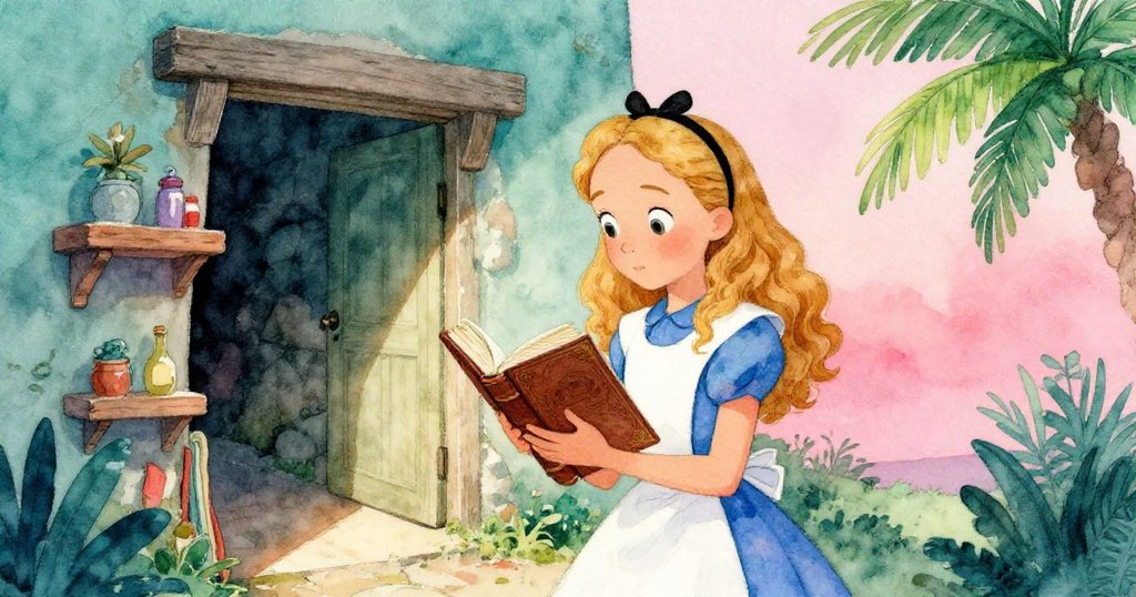 愛麗絲手持古老日記，仔細觀察書架後隱秘通道，展現出好奇與決心，細節清晰對比呈現神秘氛圍。