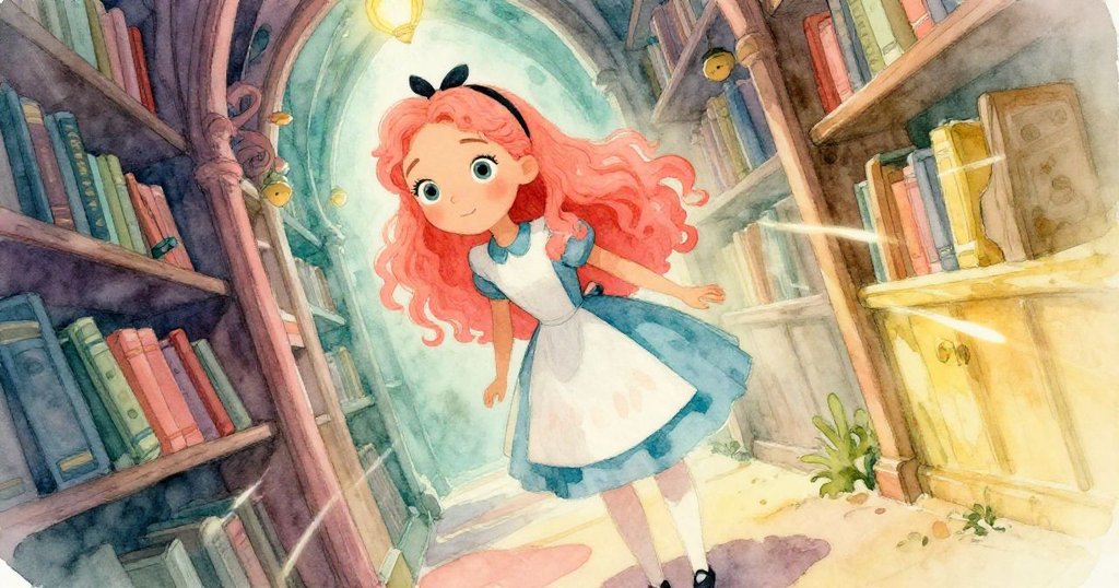 愛麗絲走入圖書館狹窄神秘走廊，臉上流露期待與緊張，牆上斑駁光線加深場景神秘感。