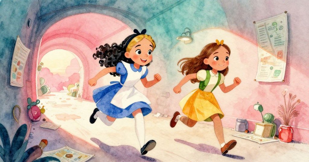 愛麗絲與克拉拉在走廊中急速奔跑尋找隱藏線索，臉上充滿急切與興奮，背景散落著古籍與地圖。