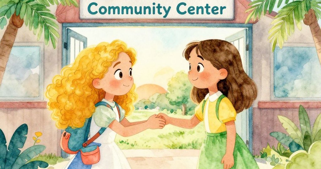 愛麗絲與克拉拉在復興社區中心門前依依惜別，臉上洋溢著溫暖微笑，充滿對冒險旅程的感激與回憶。