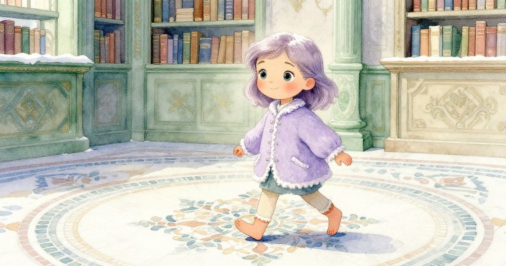 安娜的鞋步在華麗馬賽克地板上留下痕跡，探索心切且充滿期待，古老圖書館氛圍濃厚。