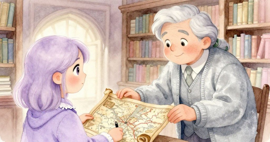 安娜與圖書館員一起研究一張古舊地圖，眼神專注且充滿驚奇，背景呈現溫暖柔和光暈。
