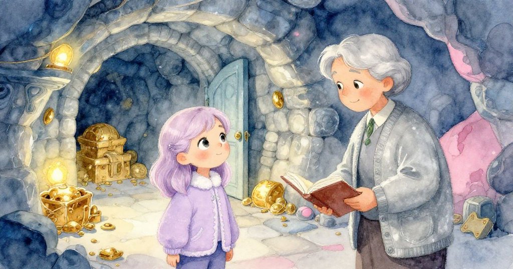 安娜與圖書館員走進地下密室，金色光芒映照古老寶藏，兩人驚嘆連連，環境充滿神秘魔幻色彩。