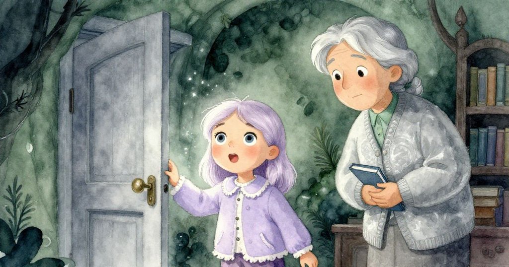 安娜與圖書館員面對神秘開啟的門，眼中滿是興奮與挑戰，光影交錯之中透露隱秘古老真相。