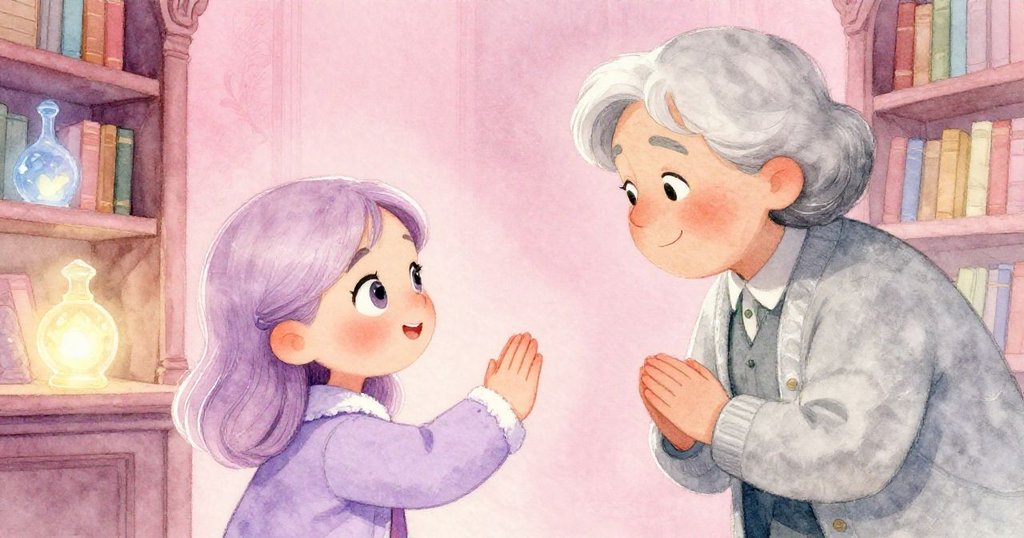 安娜與圖書館員在密室門前道別，臉上洋溢感激與夢想，背景散發柔和的粉紫光芒與魔法閃爍。