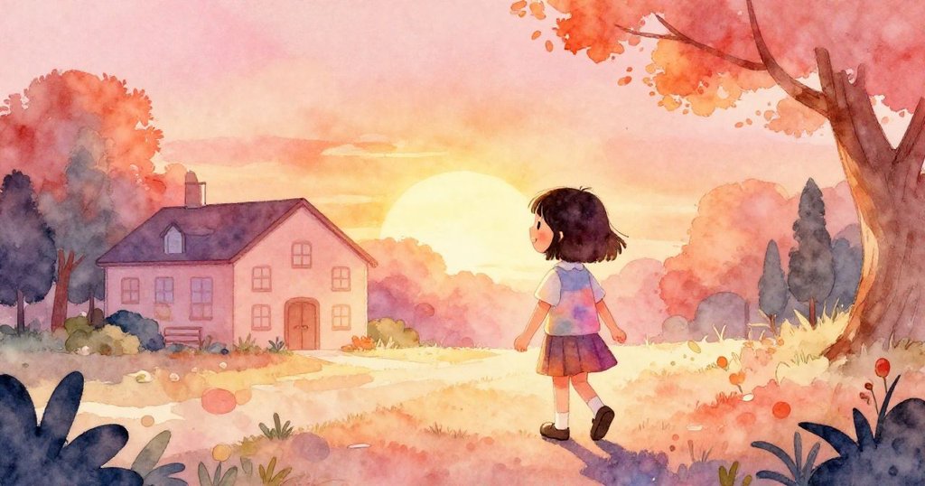 Lily走在幼兒園前的公園,剪影與朝陽相映,背景有溫暖黃花與晨光,充滿希望的開始。