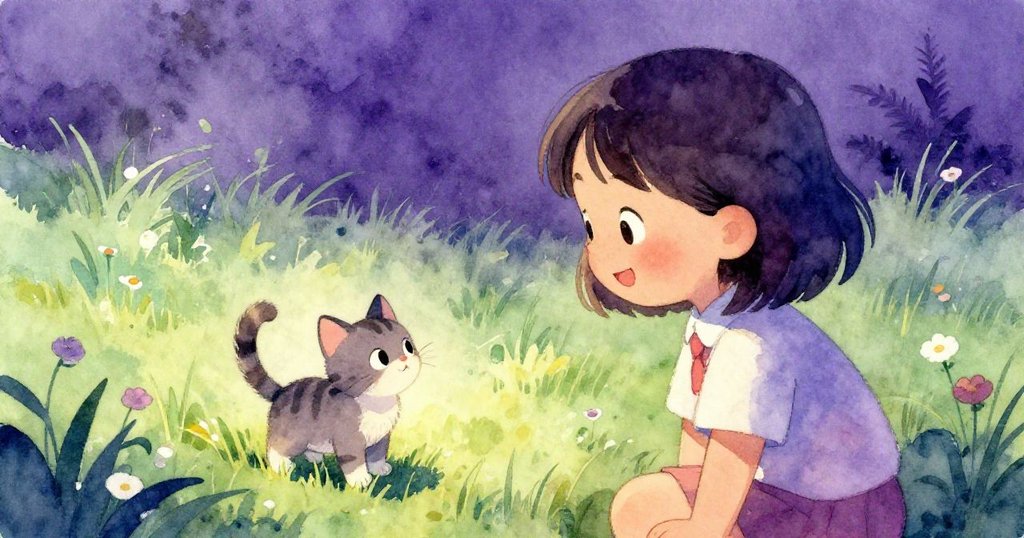 Kitten視角看草地,Lily溫柔凝視它,草叢中散佈著野花和陽光,營造童話般夢幻氛圍。
