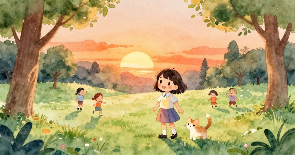 高處俯瞰公園,陽光照耀高大樹木與草地,Lily和Kitten與其他孩子動感遊玩,充滿和諧與活力。