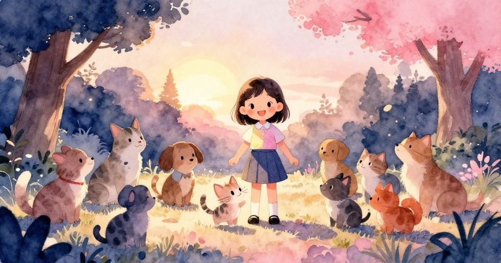 Lily與Kitten和眾多動物朋友在公園中重聚,夕陽映衬著快樂笑容,溫馨氣氛延續魔法般結局。