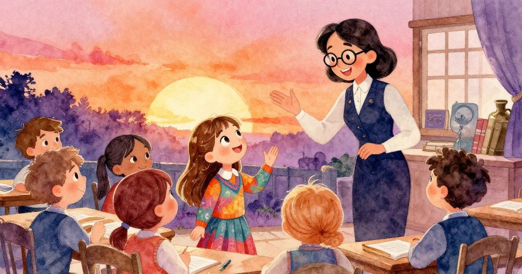 莉莉與同學在充滿歷史海報與溫暖光影的教室裡熱情學習，老師生動講解，全場氣氛充滿好奇與活力。