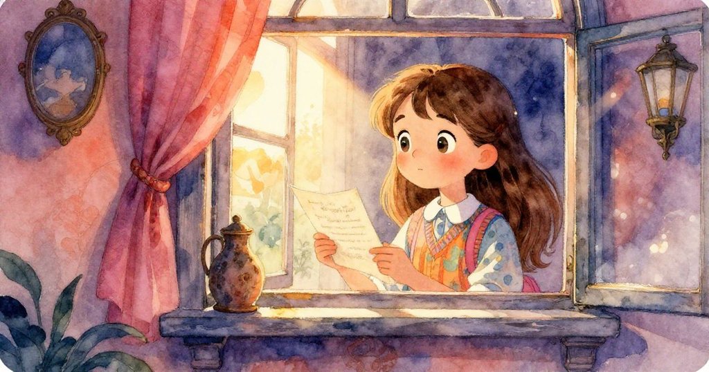 莉莉透過古色古香的窗戶望向室外，手持神秘信件，眼中閃爍著對未知冒險的熱切期盼與好奇。
