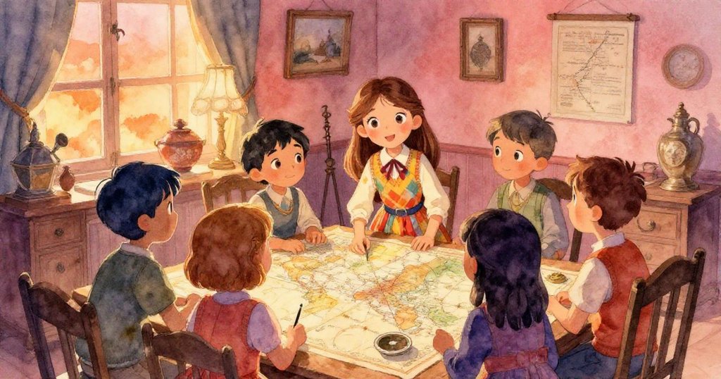 莉莉與夥伴在古色古香的書房內探索歷史文物，彼此交流充滿熱情，整個房間洋溢著溫暖與好奇的氛圍。