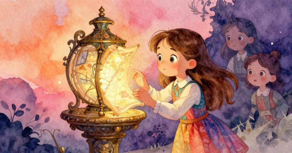 莉莉在導覽中驚喜發現一本古老書籍，書中閃耀著發光地圖，她滿懷期待，眼神流露無限驚奇。