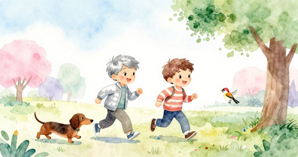 傑克、兄弟和臘腸犬在陽光明媚的公園中快樂散步，小麻雀在綠樹間輕唱，展開冒險旅程。