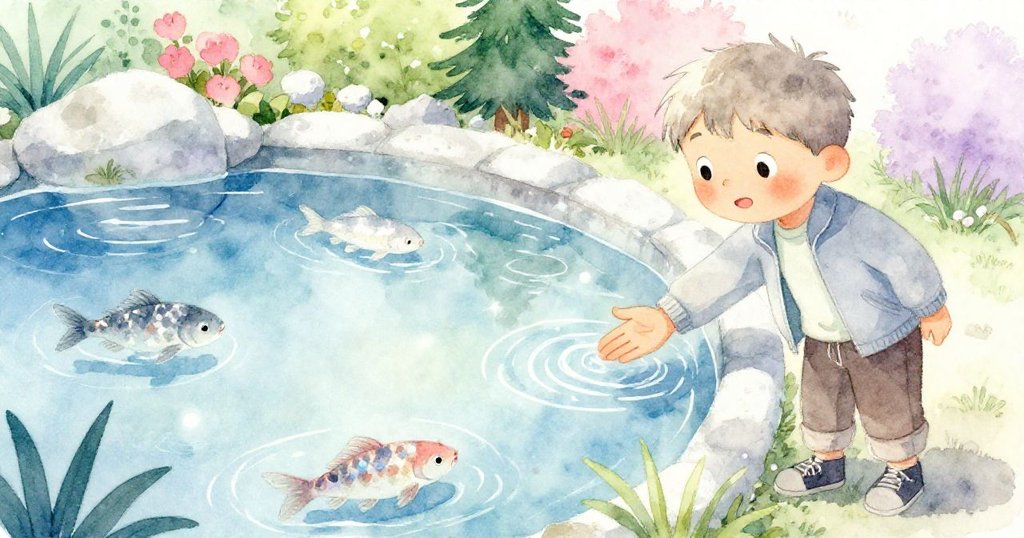 傑克在隱秘池塘邊伸手觸摸水面，彩色魚兒閃爍，呈現神秘細膩的冒險氛圍與驚奇表情。