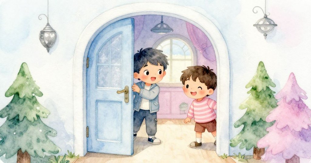 傑克與兄弟穿過隱秘門扉進入溫馨房間，探索充滿奇妙裝飾的空間，臉上滿是驚喜與興奮。