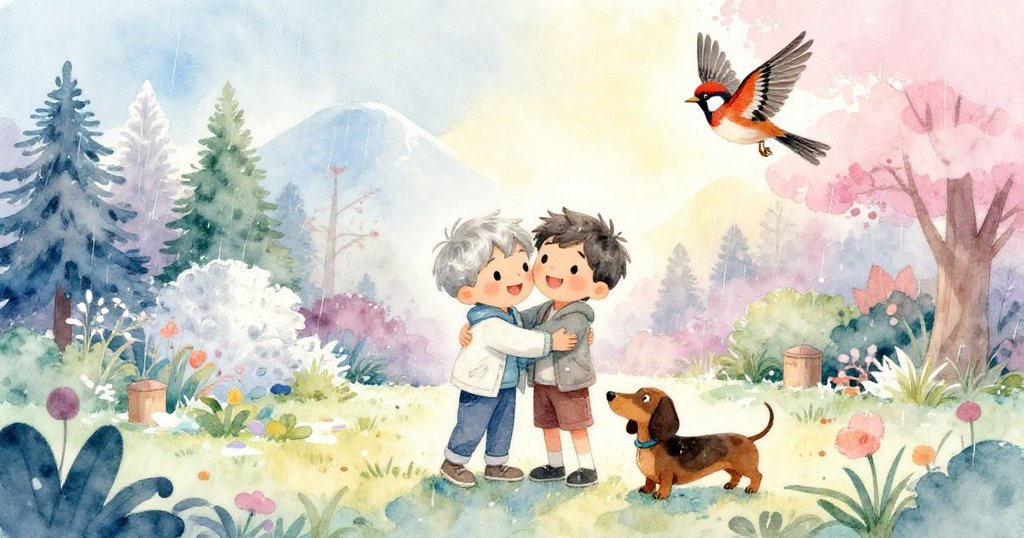 雨後花園中傑克、兄弟與臘腸犬在池塘邊擁抱慶祝，溫柔金光中小麻雀飛舞，呈現和諧寧靜的魔法結局。