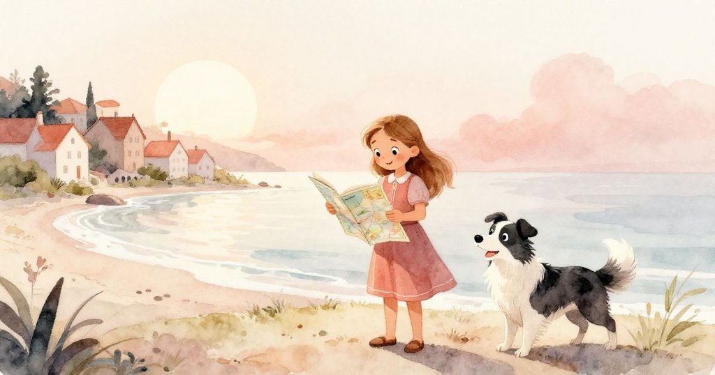 安娜與邊境牧羊犬於夏日海邊小鎮晨光中閱讀地圖，表情專注與愉悅，展開假期計劃的平靜開始