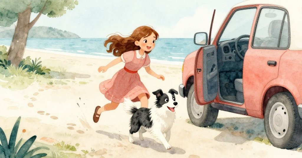 安娜與邊境牧羊犬從車上走下，踩出沙灘足跡，充滿活力與期待，在陽光下的海邊公園動感呈現