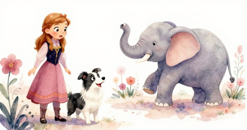 安娜和邊境牧羊犬驚喜注視一隻在花園中優雅起舞的大象，晨光映照下情感與動態交融