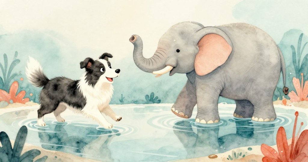 透過水面柔光，邊境牧羊犬與大象歡樂身影倒映在潮汐池中，湧現夢幻與溫馨的奇遇瞬間