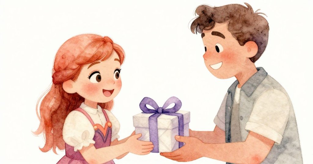 安娜與友善男子溫馨交換精緻禮物，面帶喜悅，捕捉到假期魔幻回憶的甜美告別瞬間