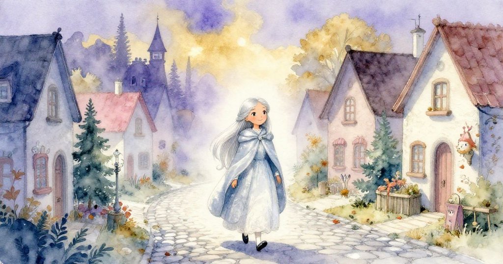 瑪麗娜在薄霧籠罩的秋晨漫步寧靜村莊，環境神秘迷人，她滿懷好奇光影交錯展現探索開始情感。