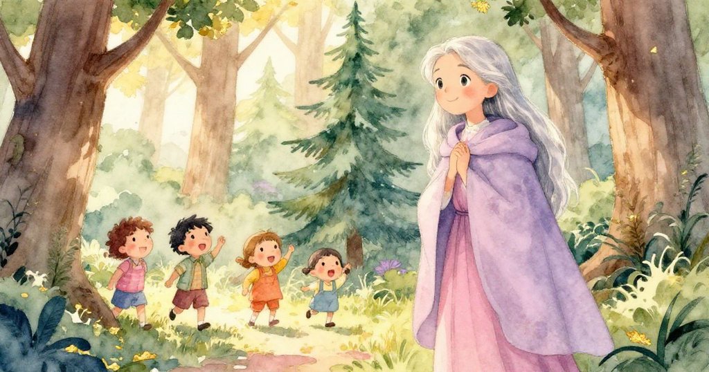 瑪麗娜和孩子們在古樹林邊尋找線索，從低角度展現孩童歡愉與她滿懷驚奇與希望的目光。