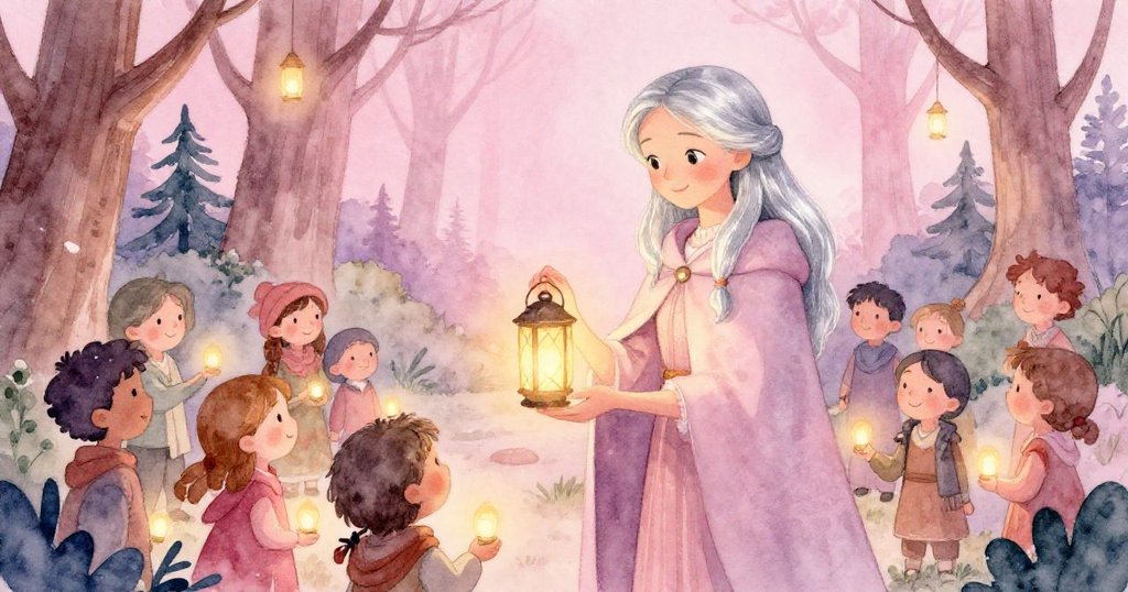 瑪麗娜置身於黃昏燈籠閃爍的古樹林中，好友現身慶祝團結，氛圍溫馨充滿驚喜轉變。