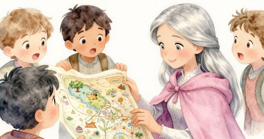 孩子們興奮展示神秘地圖，細節清晰，瑪麗娜驚喜凝視，此刻凝固展現探索秘密的熱情。