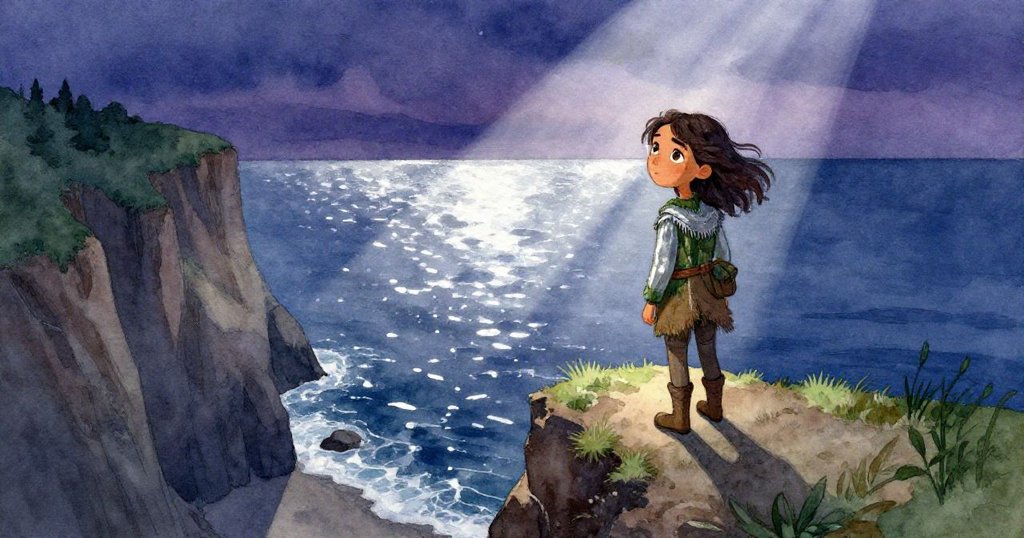 卡桑德拉在夕暮海邊懸崖上眺望遠方，夜色朦朧中海浪輕拍，展現出決心與新旅程的開始