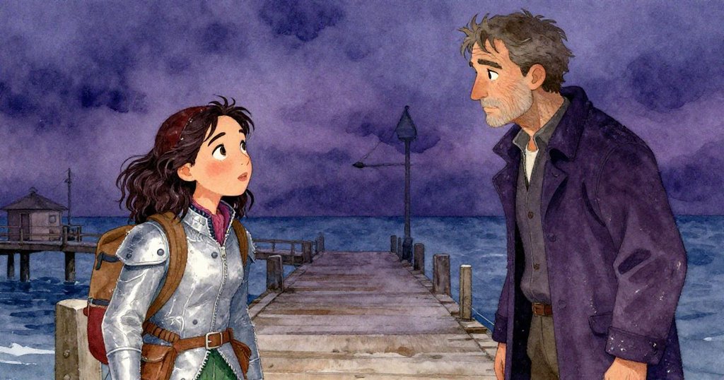 卡桑德拉在破舊碼頭上與神秘陌生人相遇，一邊猶豫一邊伸手，另一邊陌生人溫柔傳遞訊息，展現命運交匯