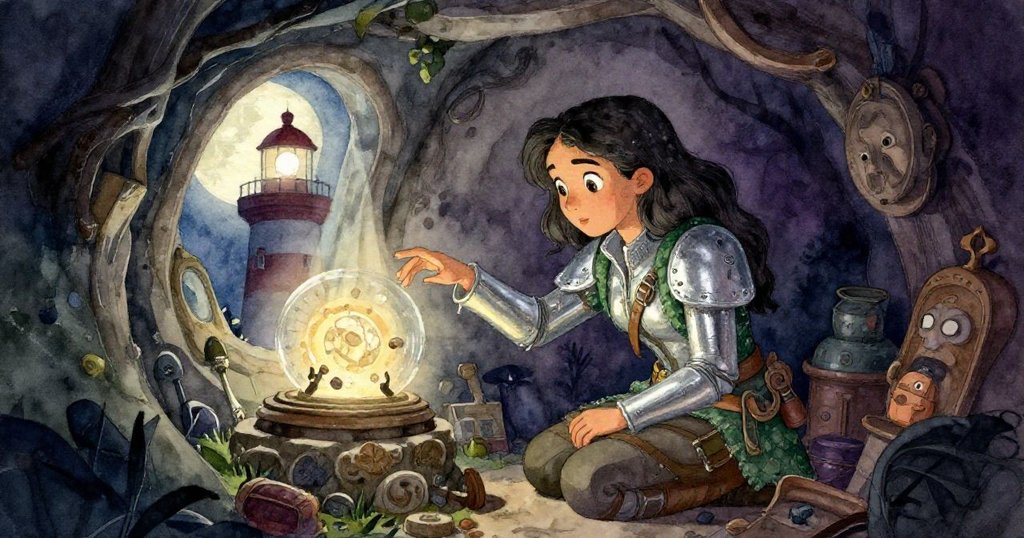 卡桑德拉在舊燈塔內祕密空間中發現一個沐月光的古舊遺物，臉上流露出希望與堅定，新舊交融的奇妙場景