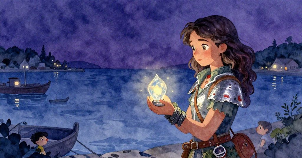 卡桑德拉在寧靜港口碼頭旁靜立，手持光芒微弱的遺物，夜色中展現轉變與未來無限可能的深思