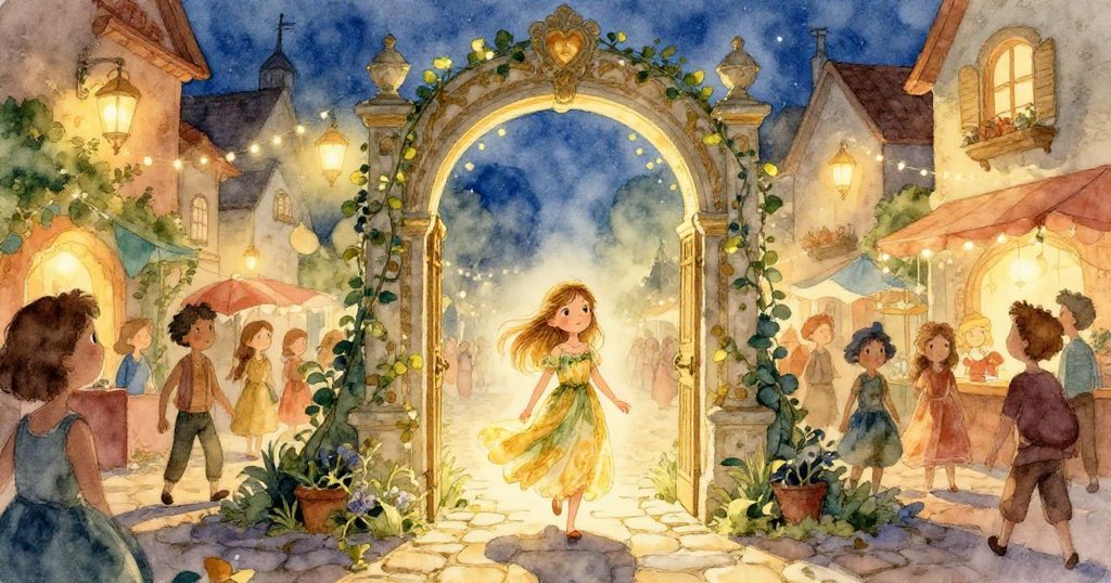 艾蜜莉亞從古老藤蔓環繞的拱門邁步進入夜晚燈光閃爍、石板路古城街道,臉上充滿好奇與期待。