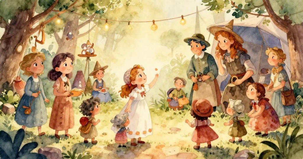 艾蜜莉亞輕觸銅製風鈴,細膩光澤映襯在溫暖背景中,傳達古老傳說與神秘情懷。