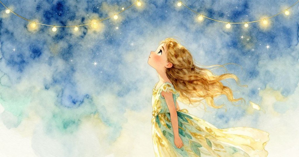 艾蜜莉亞仰望閃爍星空與慶典燈光,低角度呈現她滿懷驚奇和敬畏的動人表情。