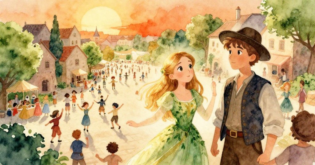 從高處俯瞰節慶平台,燈火輝煌中人群歡聚,艾蜜莉亞和約瑟夫融入熱鬧群眾,氛圍魔幻溫暖。