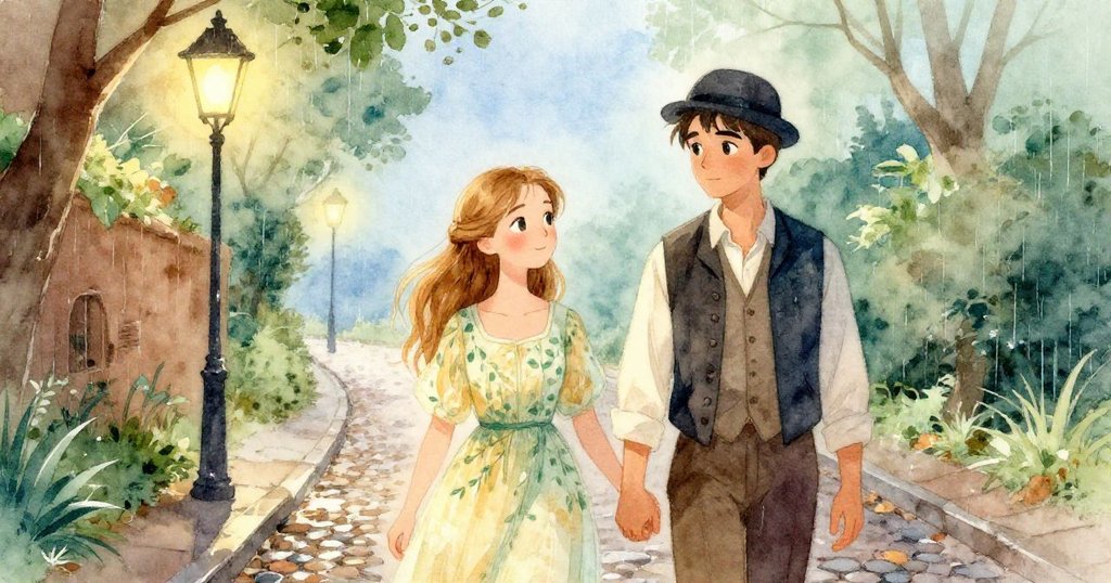 艾蜜莉亞與約瑟夫於幽靜雨中小巷漫步,石板路上細雨輕敲,兩人溫柔對話流露夢想與傳說。