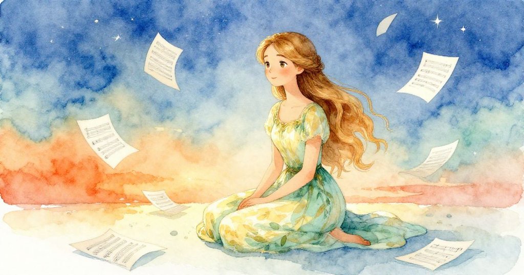 夜深靜謐中,艾蜜莉亞在星光與音符交織的夢幻環境中靜坐沉思,感受命運與自由永恆交響。