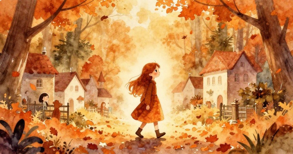 克拉拉在秋季村莊與古老森林邊緣，輪廓鮮明地走在飄落橙紅葉間，展現期待與神秘的心情。