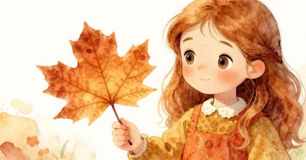 克拉拉輕觸一片刻有奇異紋理的秋葉，特寫細膩展現探索與溫柔好奇情感，背景隱約呈現秋景。