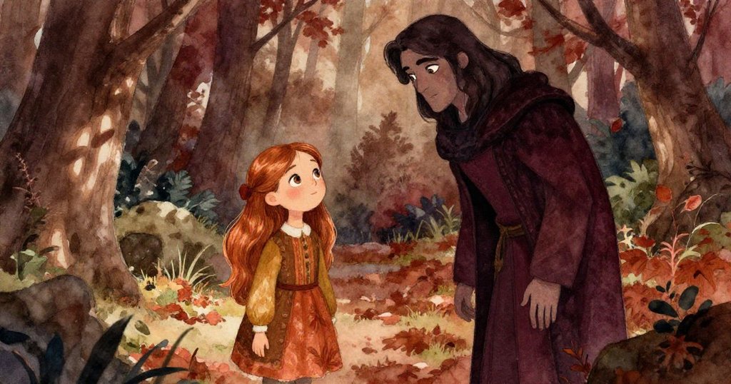 克拉拉與神秘陌生人在秋林中相遇，一隻小動物藏身樹叢偷看，兩人神情展現驚奇與隱密情感。