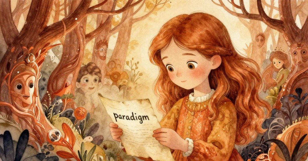 克拉拉凝神讀著刻有‘paradigm’的信紙，手中細膩呈現驚異與思索，超現實樹枝扭曲環繞增添神秘感。