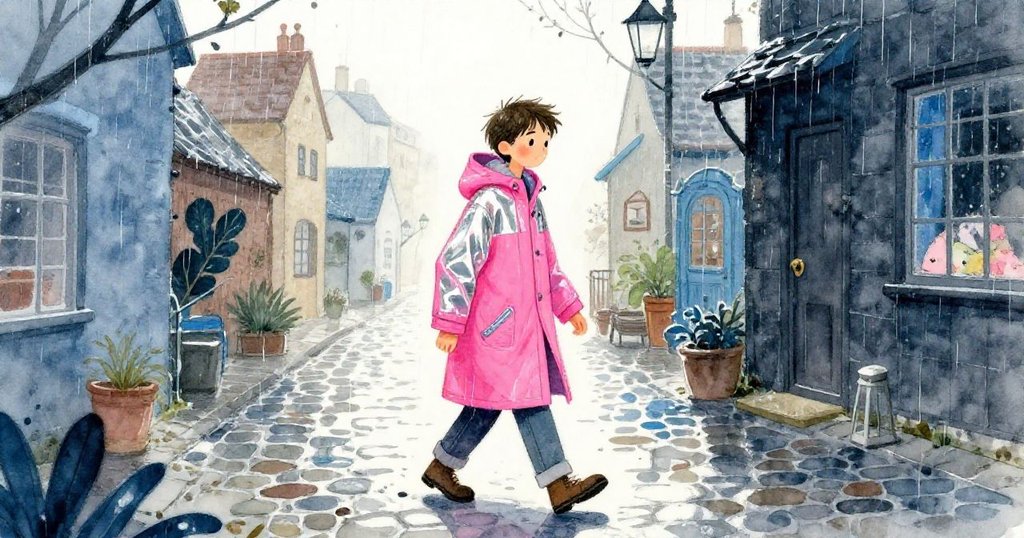 Jonathan 穿著雨衣走進雨中的老庭院，神情期待且懷舊，雨水洗滌著石板路，清晨柔和光線映出溫暖記憶。