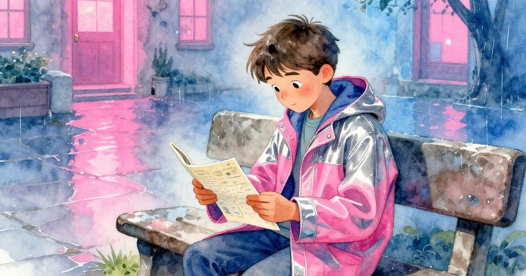 Jonathan 坐在石凳上細讀信件，信中暗藏地圖，雨中庭院 layered 細膩背景呈現出迷人冒險感，神情專注且期待。