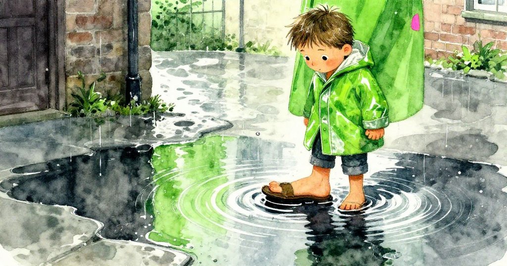 Jonathan 踏入積水中，水面反射出他模糊的臉龐與過去記憶，雨中動作充滿詩意與感懷。