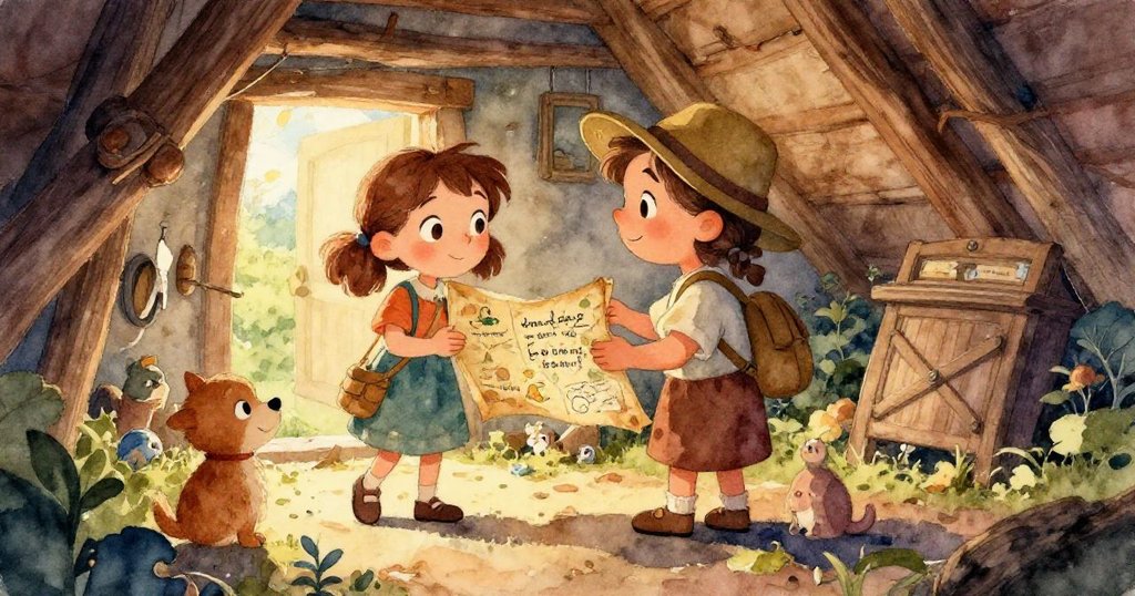 Eva的雙手專注地用放大鏡檢視古老地圖，展現細緻線條，背景暗示閣樓探險，表情決心滿滿。